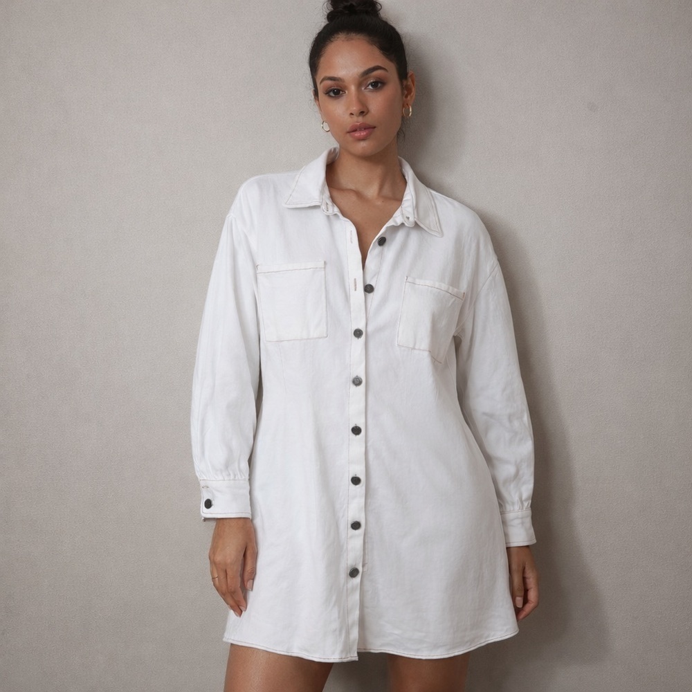 Arula White Button Front Shirt Dress Long Sleeve Casual Chic size X=XL